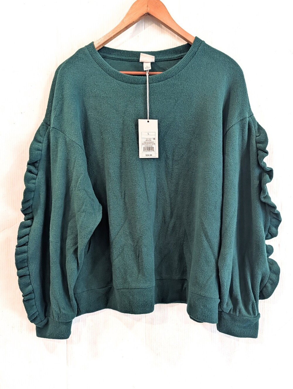 A NEW DAY Women's Ruffle-Sleeve Green Crewneck Sweatshirt Size Large